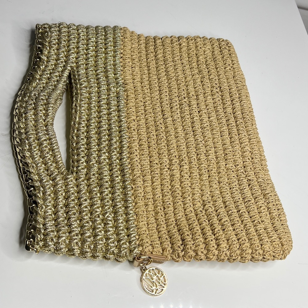 Lilly Pulitzer Beige Straw and Gold Crochet Chain Trim Hand Flat Tote Clutch Bag - Picture 9 of 9